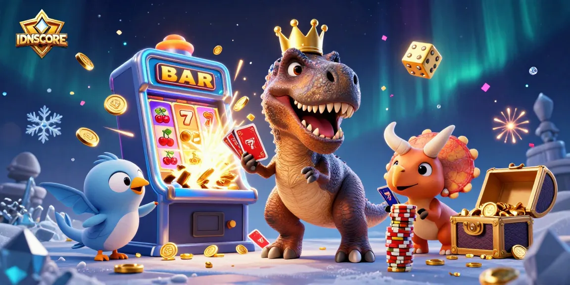 Experience thrilling wins with IDNSCORE featuring friendly dinosaurs, vibrant casino elements, and more!
