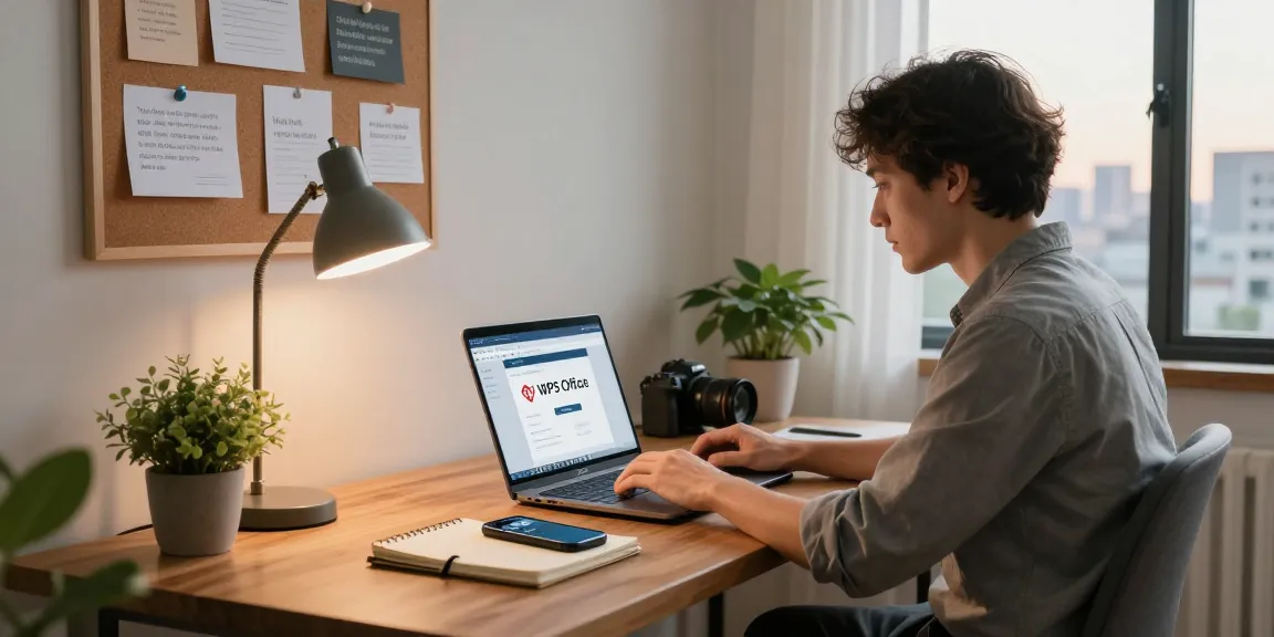 Download WPS Office in a vibrant home office with warm lighting and a laptop setup.