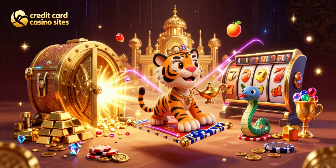 Engage with credit card casino sites in a vibrant 3D scene featuring slot reels and treasure elements.