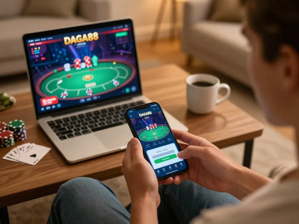 DAGA88 user engaging with mobile betting while relaxed at home, incorporating responsible gaming practices.