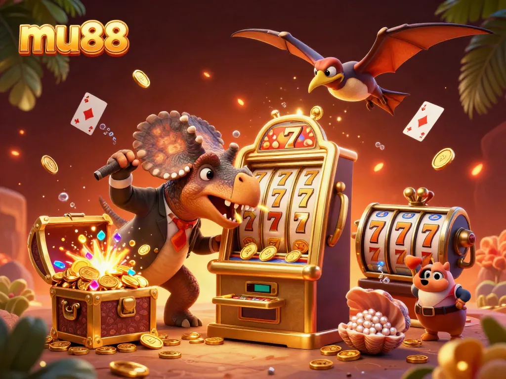 mu88 slot machine with dinosaur characters creating a jackpot explosion, capturing vibrant casino energy.