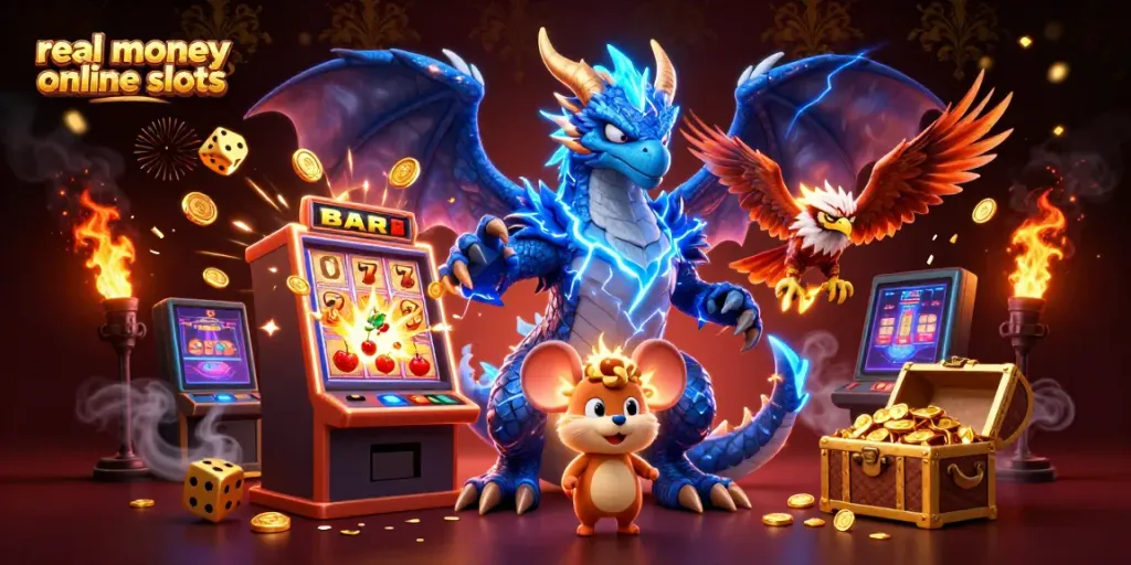Engage with real money online slots featuring vibrant 3D characters and exciting casino elements.