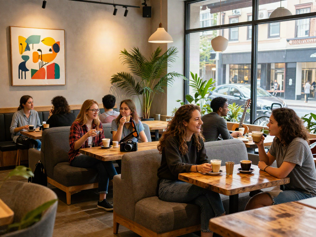 Friends enjoying vibrant rokok88 cafe, sipping coffee in a cozy ambiance.