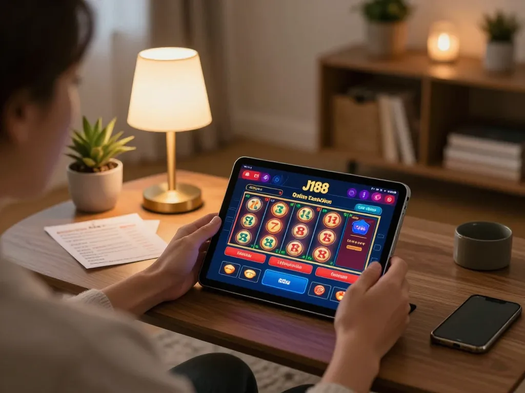 Engaging gameplay on the j188 app displayed on a tablet in a cozy home setting
