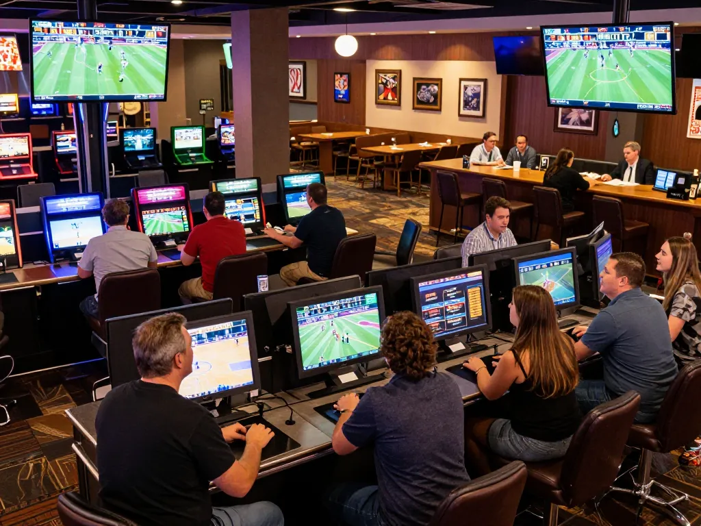 Excited bettors engaging in sports betting at the lively sportsbook area at Keonhacai casino.