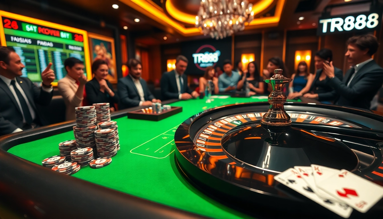 Players engaging at TR88 casino table, showcasing vibrant chips and cards in an exciting gambling atmosphere.