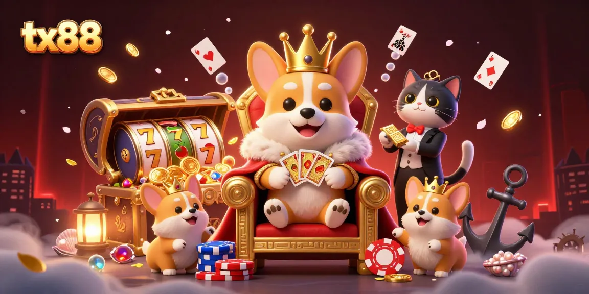 Engage with tx88's vibrant slots scene featuring a crowned corgi surrounded by treasures.