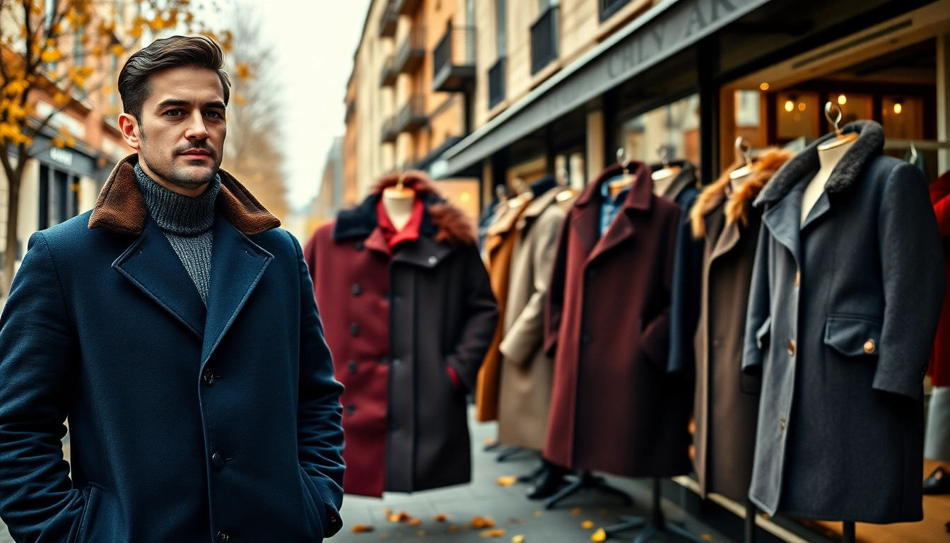 Shop stylish winter coats men displaying unique designs on a vibrant city street.