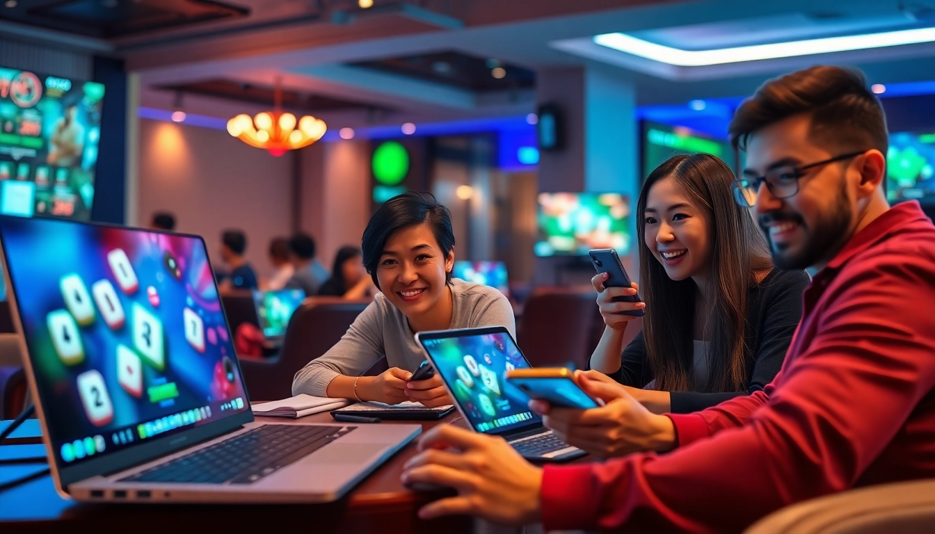 Excited players engaging in tài xỉu 789club with laptops and smartphones in a modern gaming lounge.