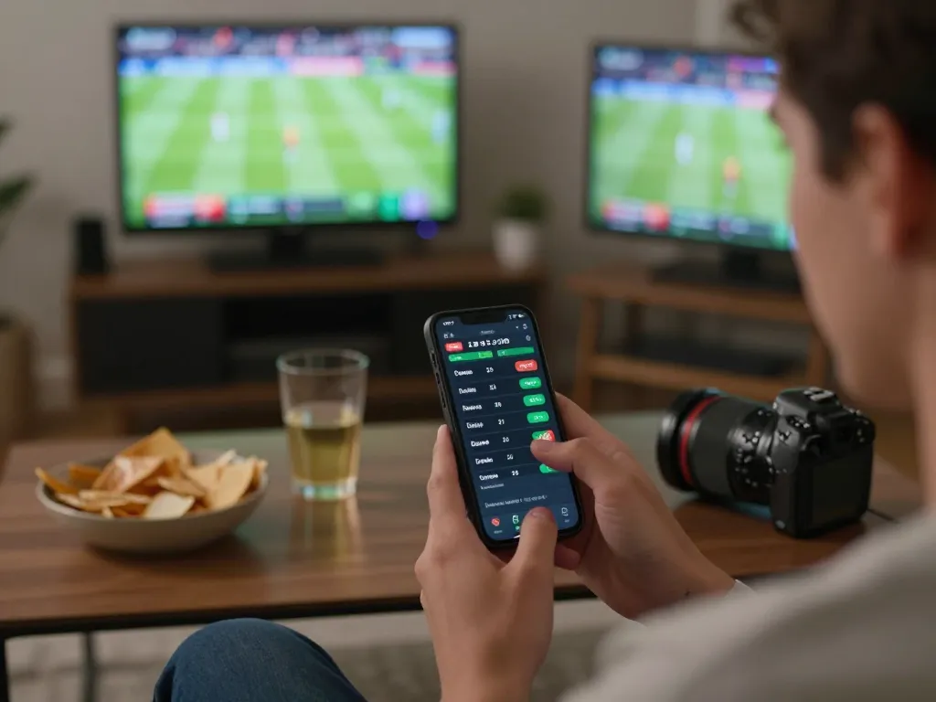 Placing bets through the Net88 app with live sports displayed in background during a casual home gathering.
