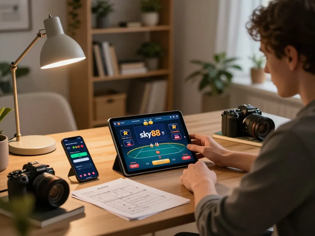 Engaging with sky88 tv poker gameplay on tablet in stylish home office, showcasing responsible gambling