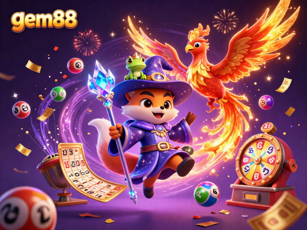 Experience the excitement of gem88 with a colorful illustration of a wizard fox, phoenix, and lottery elements.