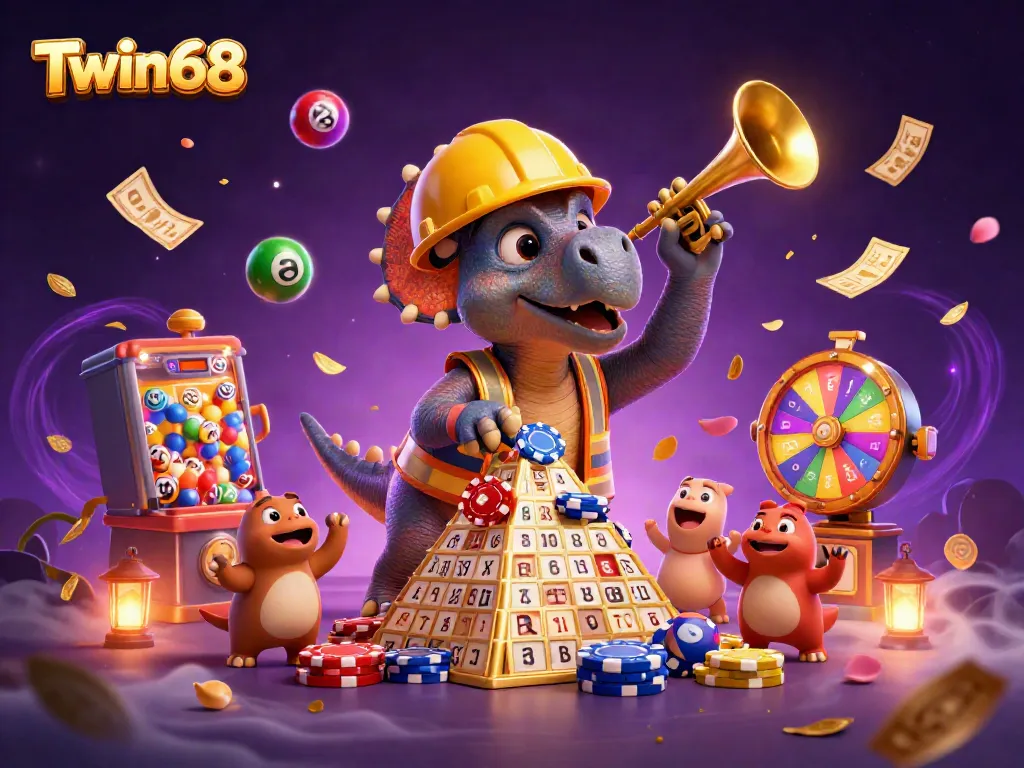 Twin68 celebrates lottery wins with vibrant characters, colorful balls, and casino elements in an exciting setting.