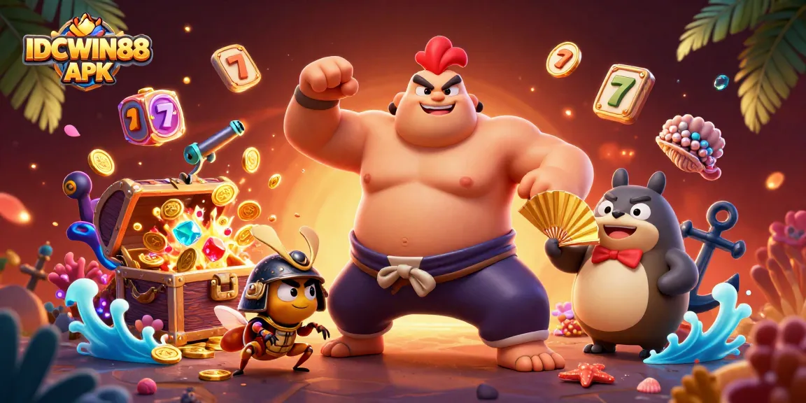 Engage with IDCWIN88 APK slots through this dynamic 3D illustration showcasing exciting characters and gaming elements.