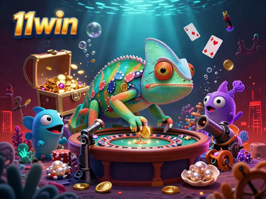 Win big at 11win with a vibrant casino scene featuring a chameleon and treasures.