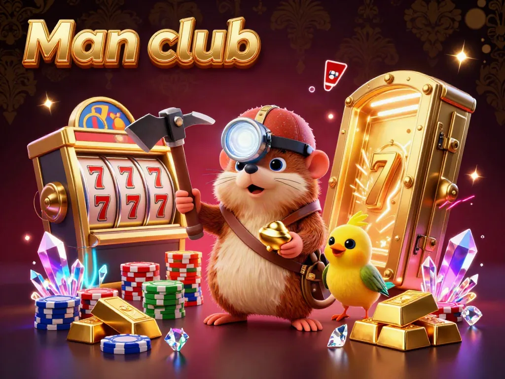 The Man club showcases a treasure hunting mole character in a vibrant casino theme surrounded by gold, jewels, and slot machines.