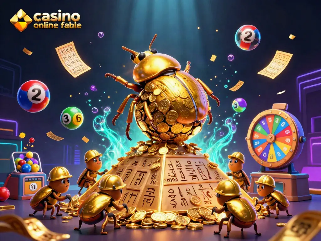 Un emocionante casino online fiable con un escarabajo dorado rodando monedas y juegos vibrantes.