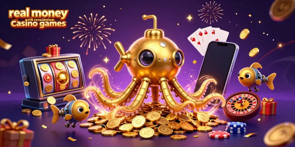 Engage in real money online casino games with a 3D golden kraken submarine and vibrant casino symbols