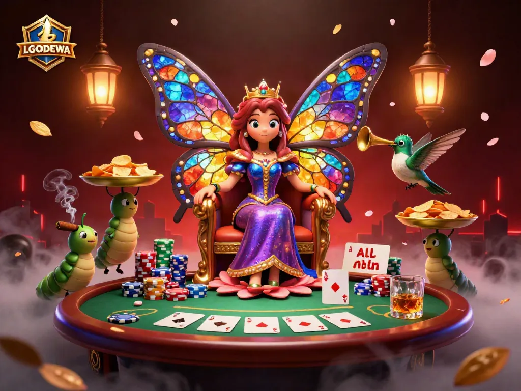 Experience the vibrant LGODEWA casino atmosphere with the butterfly queen and poker elements in a lavish scene.