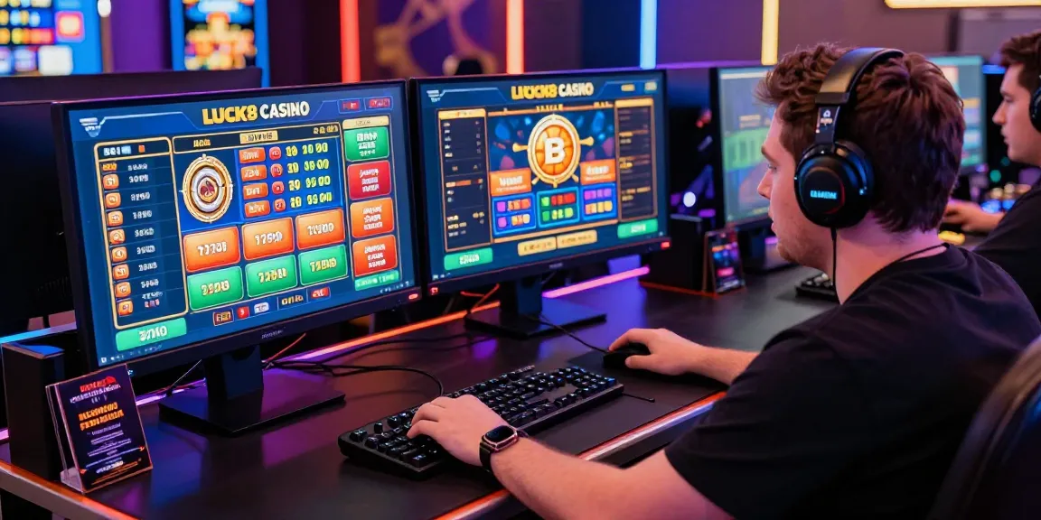 Lucky player engaging with LUCK8 Casino platform on dual monitors, showcasing vibrant betting odds and games.