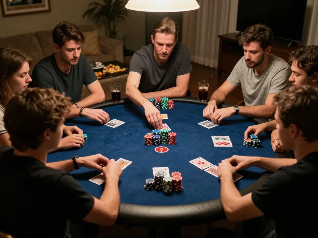 Players enjoying a lively poker game night at home, highlighting lc88's strategic gameplay experience.
