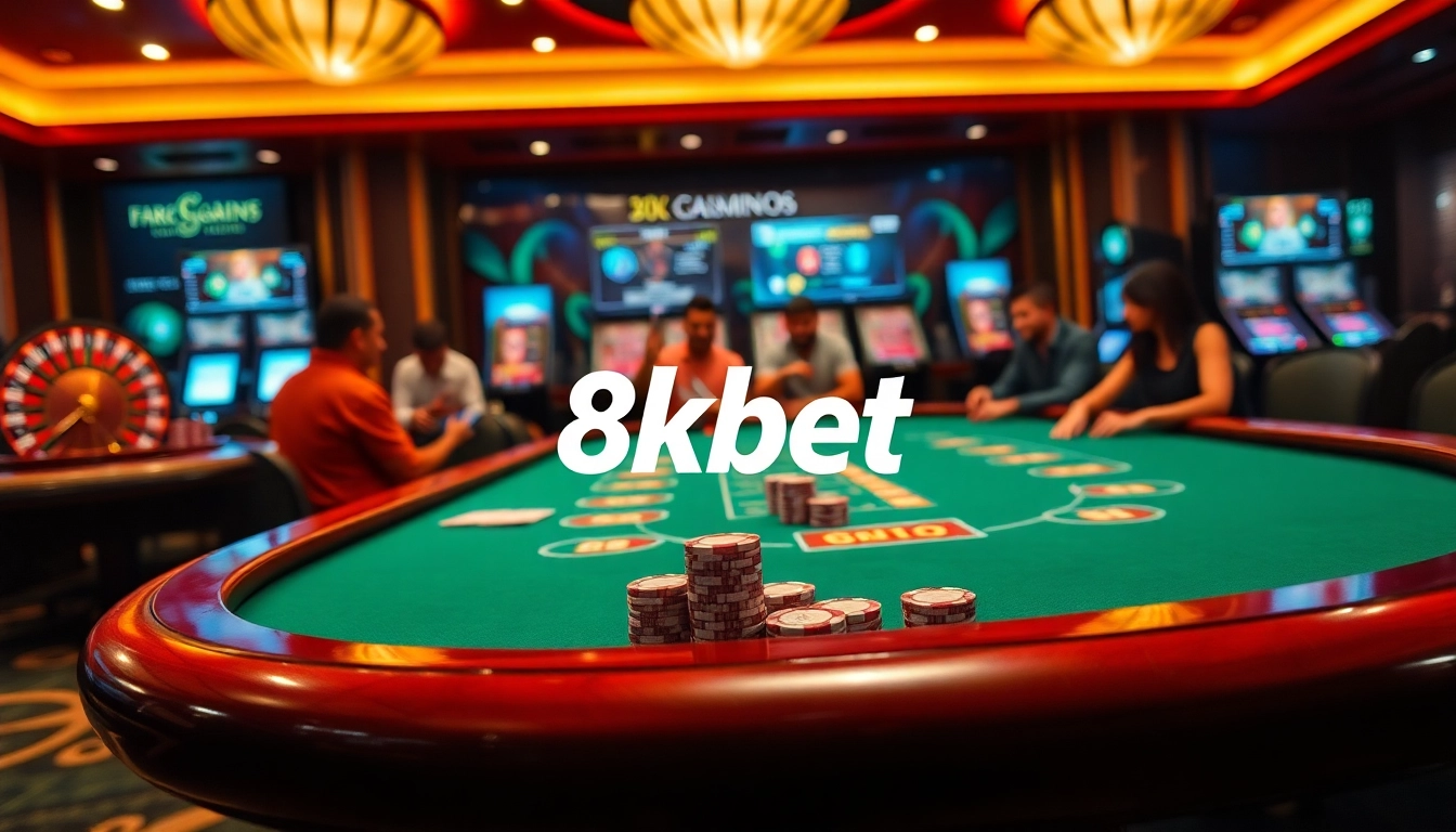 8kbet offers an exciting casino environment with poker games and roulette, highlighting thrilling bets.