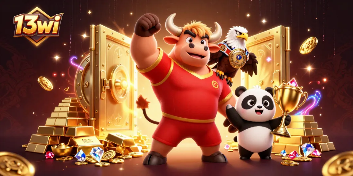 Win big with 13wi as the bull mascot and eagle triumph alongside treasures in this vibrant casino scene.