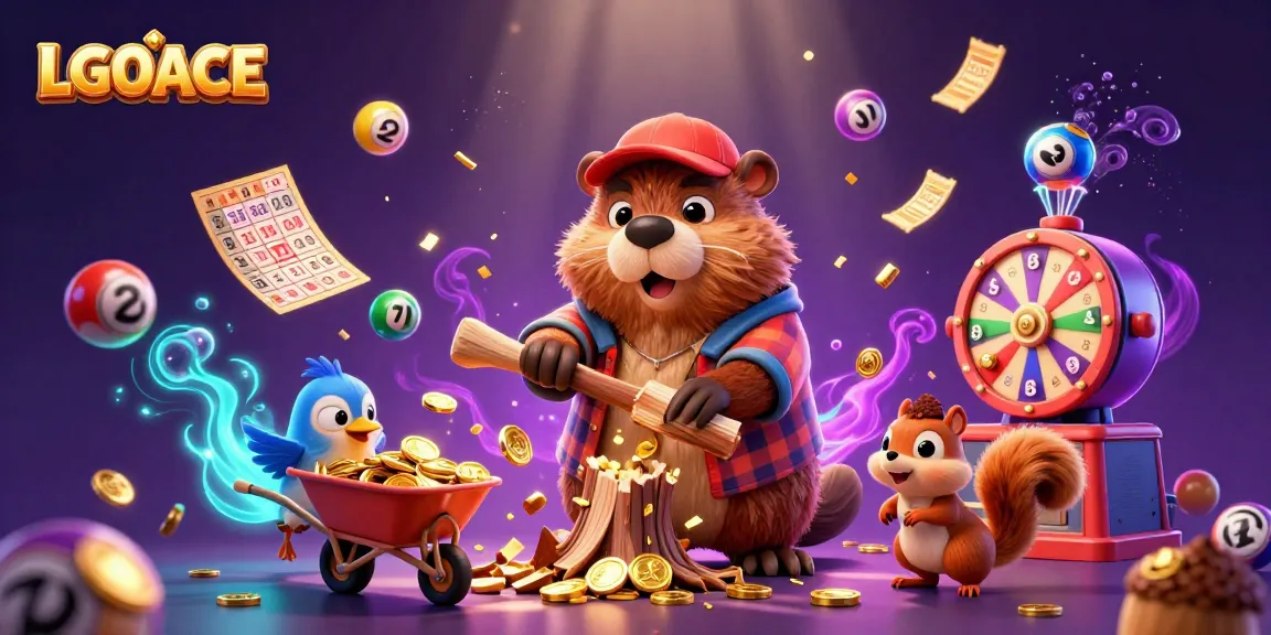 LGOACE showcases a vibrant 3D scene of a lumberjack beaver and friends collecting coins and lottery elements.