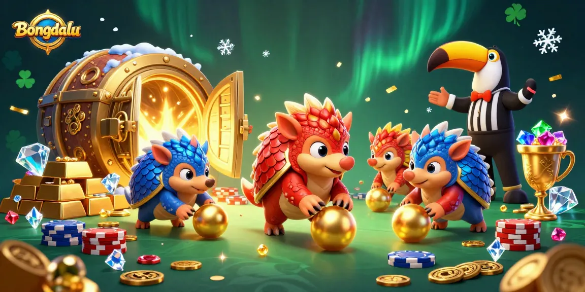 Bongdalu pangolins bowling through poker chips with vibrant gold elements and casino atmosphere
