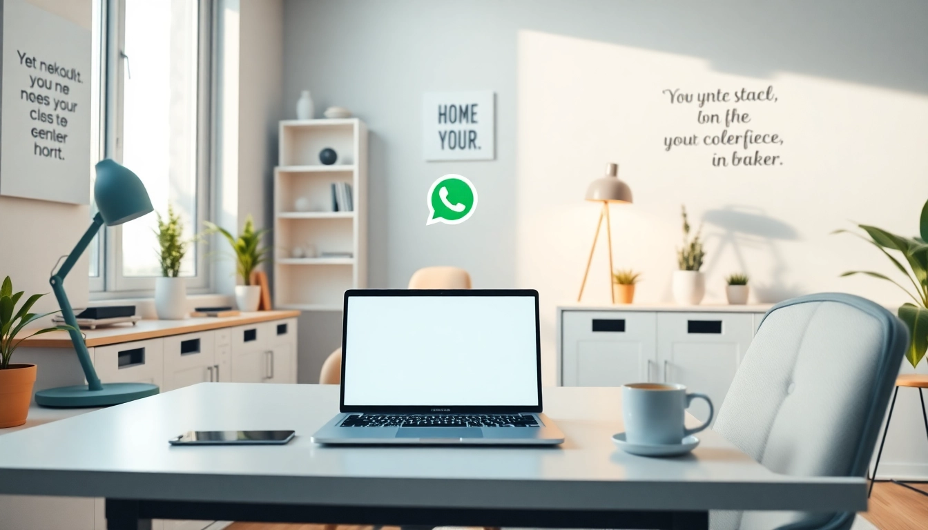 WhatsApp网页版 open on a stylish desk in a modern home office, showcasing a cozy workspace.