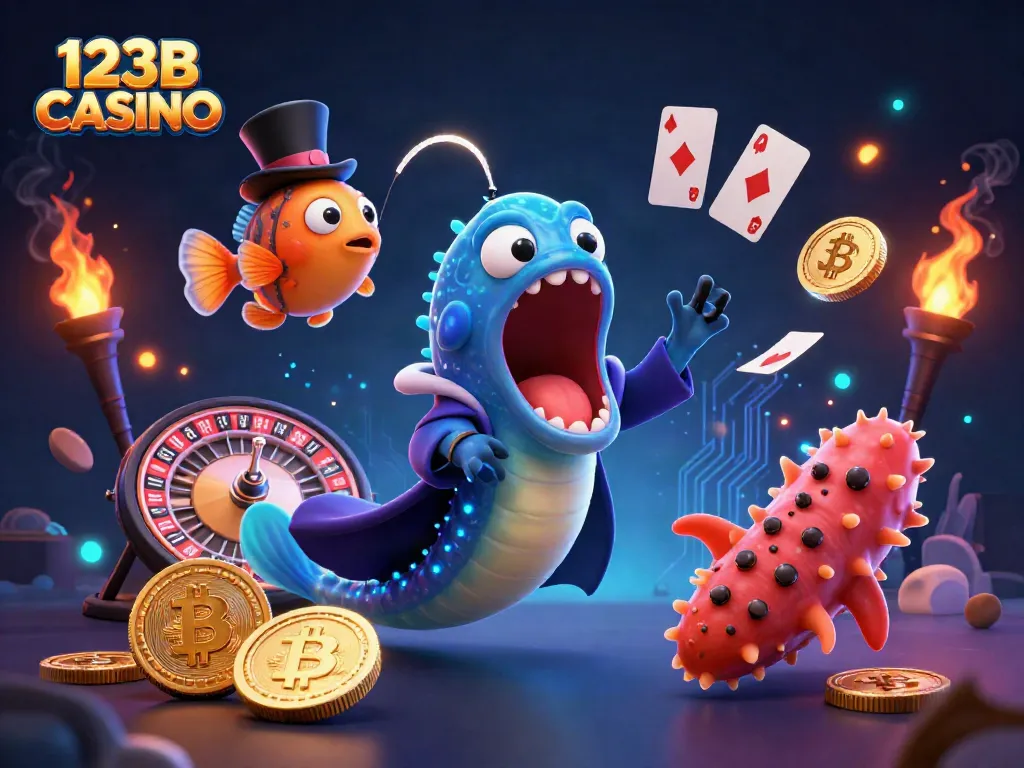 Experience thrilling magic acts at 123B CASINO with a bioluminescent gulper eel, anglerfish, and crypto coins.