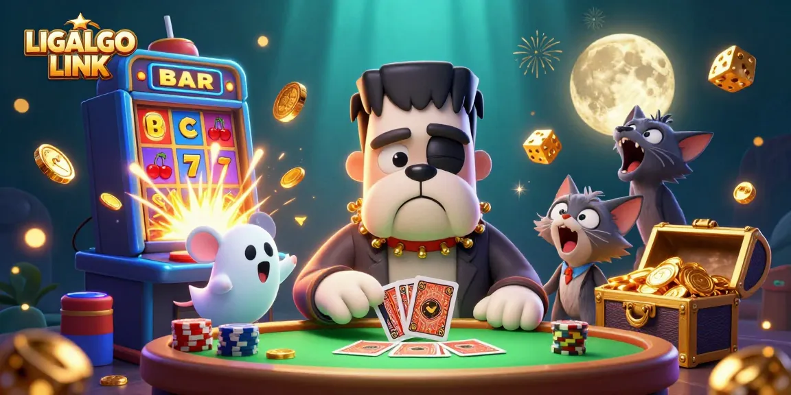 Experience the thrilling LIGALGO LINK with a cartoon bulldog dealer and vibrant casino symbols.