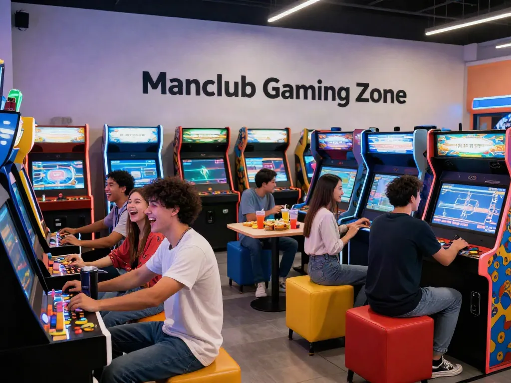 Manclub gaming scene with diverse group enjoying arcade games and snacks