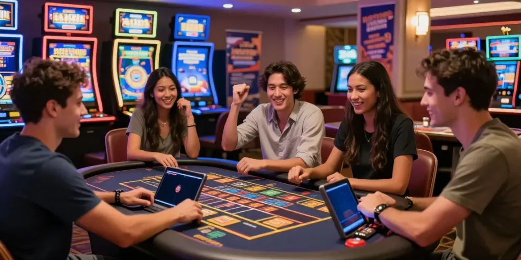 Exciting DA88 online casino experience with friends celebrating a game win.