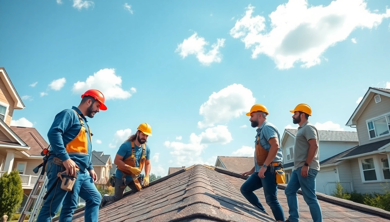 Roofing company team conducting a roof inspection in a suburban neighborhood.