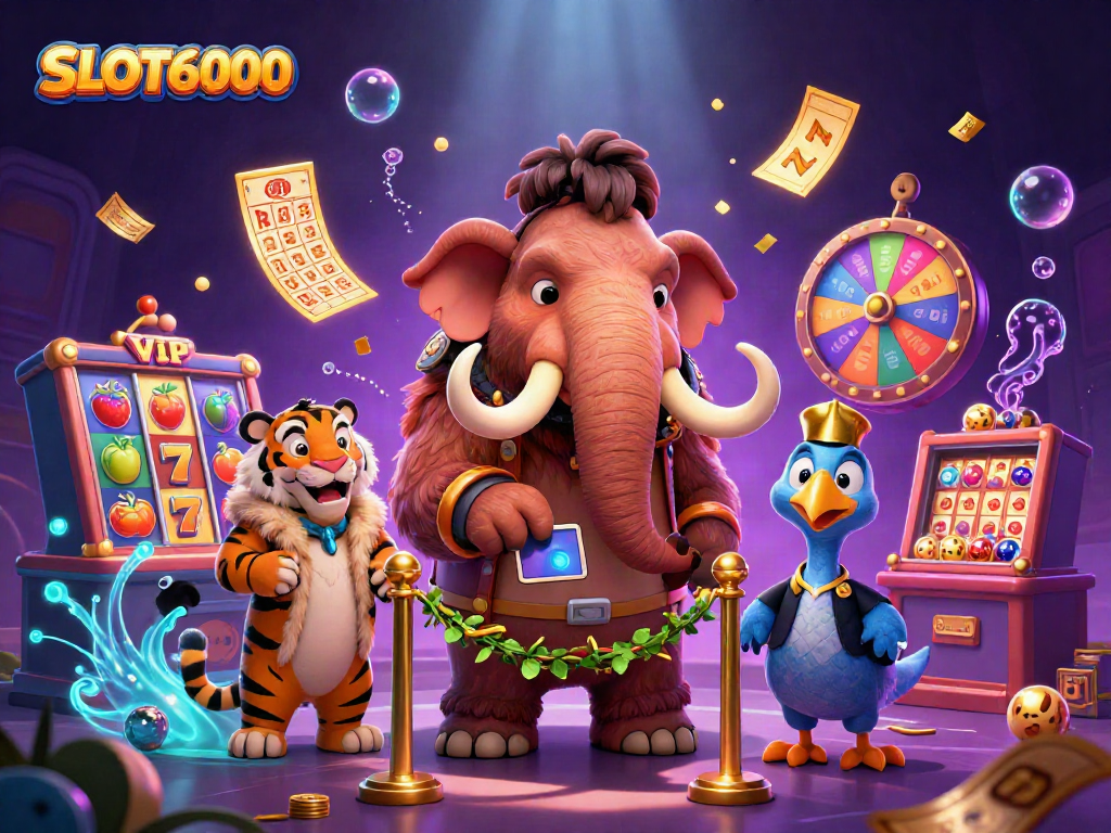 SLOT6000 engages players with a vibrant casino scene featuring unique characters and game elements.