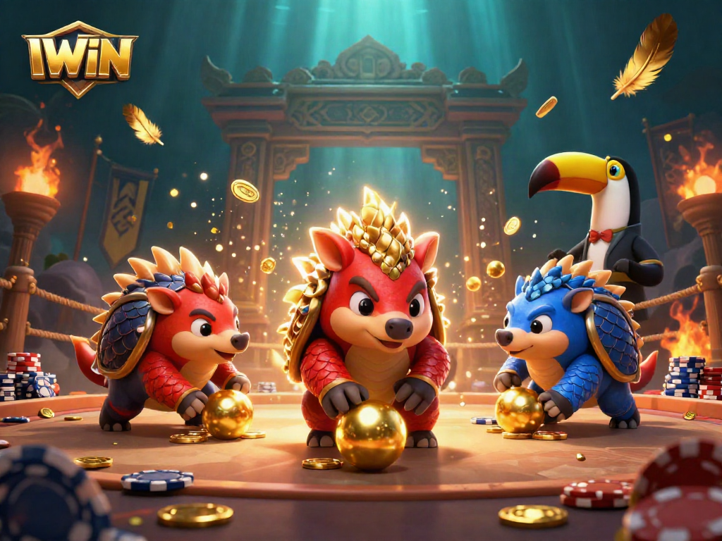 IWIN pangolins compete in a vibrant casino game scene filled with poker chips, golden scales, and a colorful backdrop.