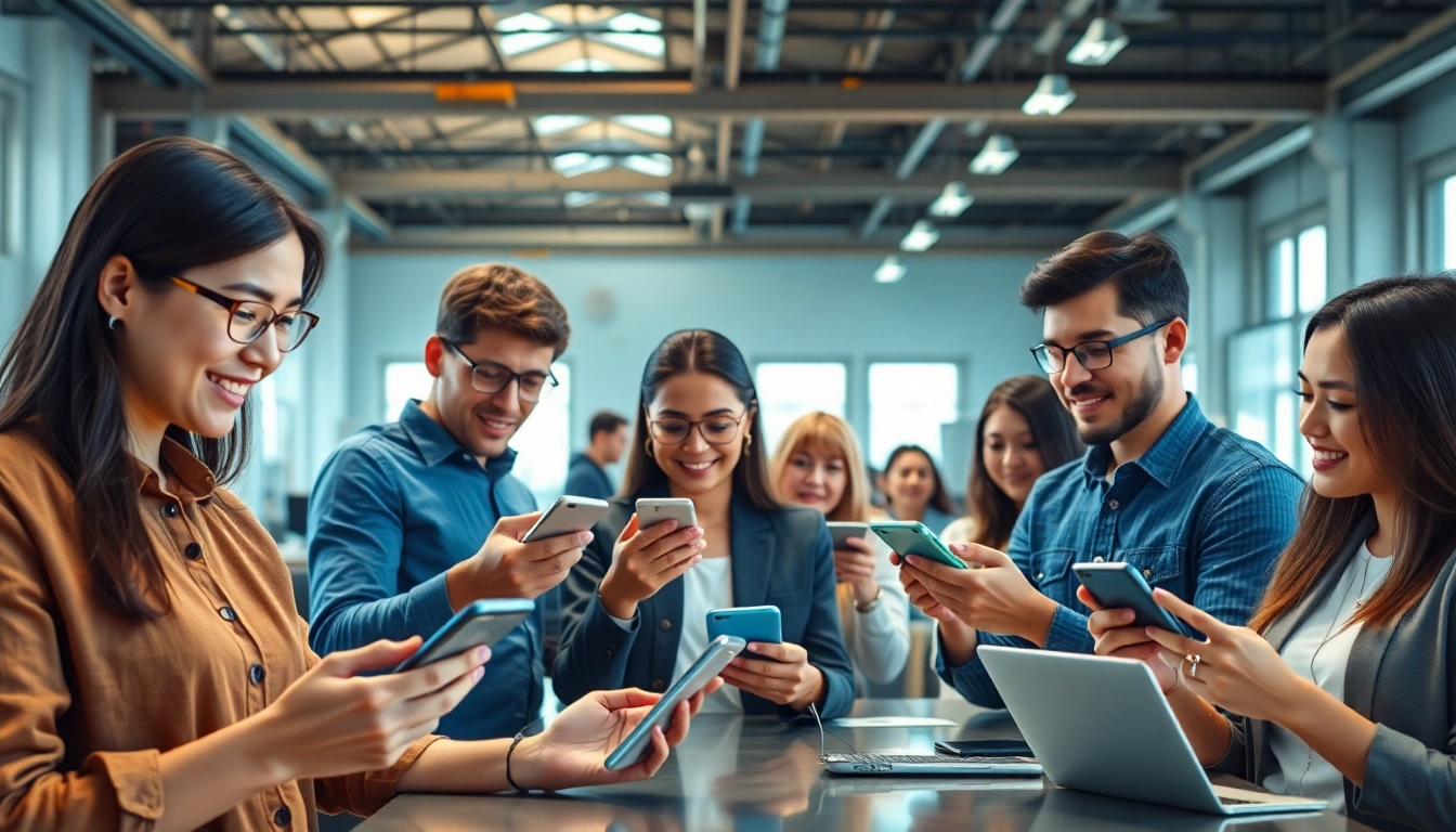 快连下载 app showcased on diverse devices in a modern office.