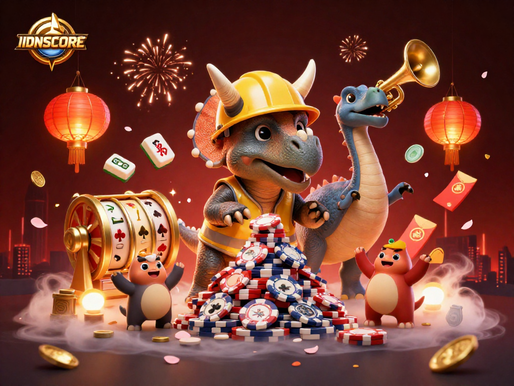 Experience thrilling wins at IDNSCORE as a triceratops builds a tower of poker chips amidst festive gaming elements.