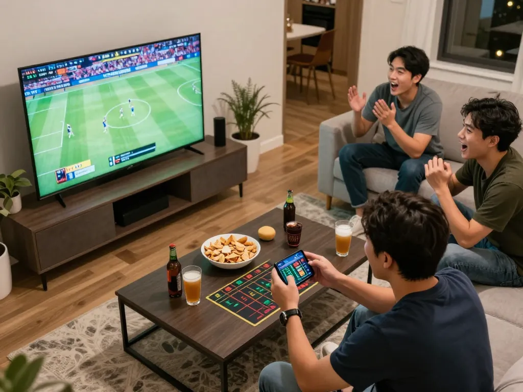 Xoilac users placing sports bets and enjoying live games on mobile in a vibrant setup