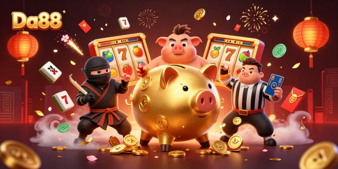 Engage in thrilling slots with Da88's vibrant casino scene featuring a golden piggy bank and dynamic gameplay.