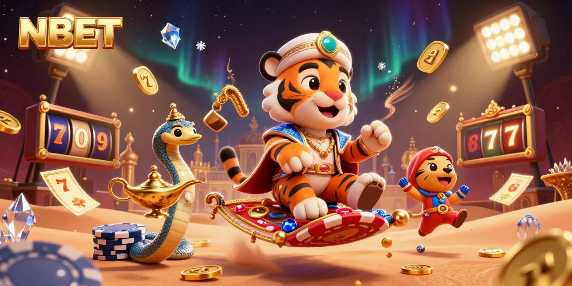Engage in exhilarating gameplay at NBET with a vibrant casino scene featuring a tiger sultan and flying slot reels.