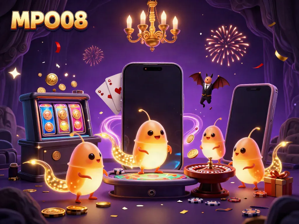 Experience MPO08 with a vibrant cave casino scene lit by bioluminescent glowworms and engaging casino elements.