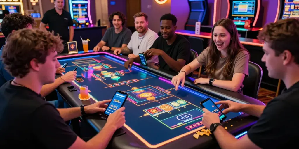 Excited players engaging with hitclub mobile gaming at a vibrant casino table.