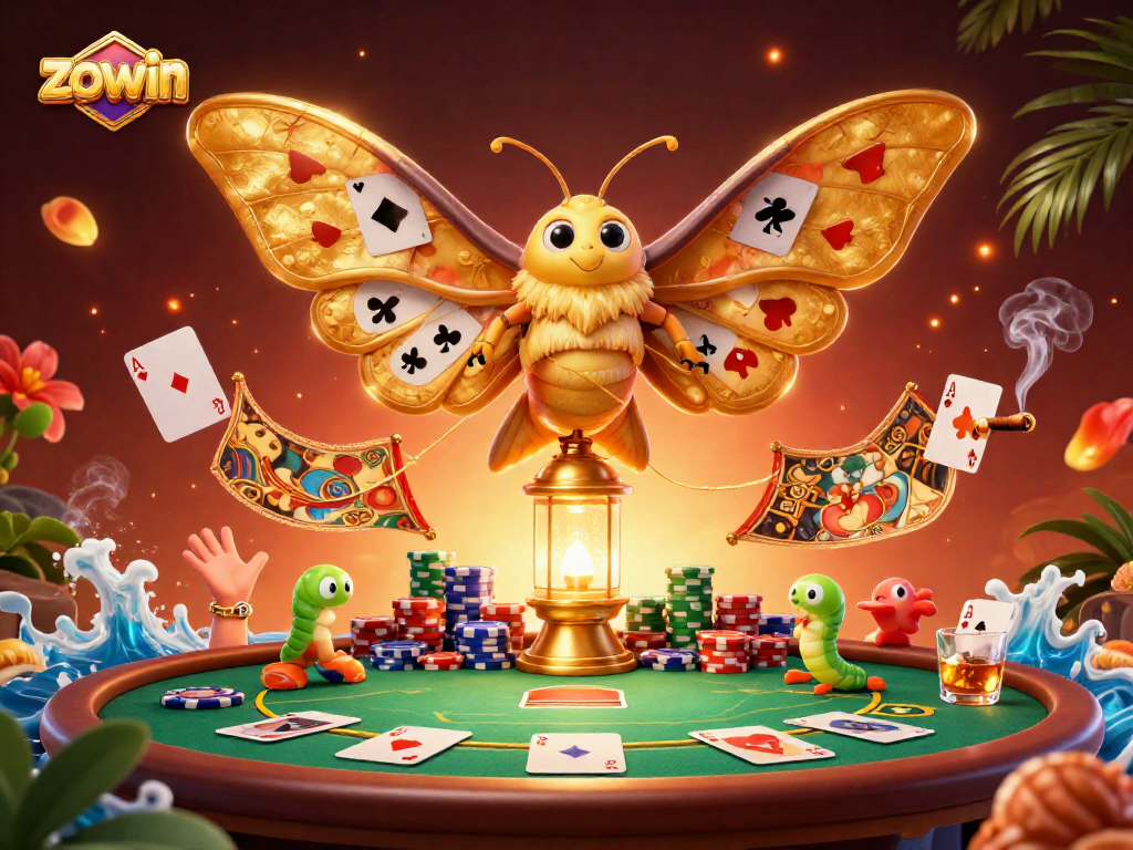 Engage in thrilling gaming experiences at Zowin with vibrant casino elements featuring a stunning moth.