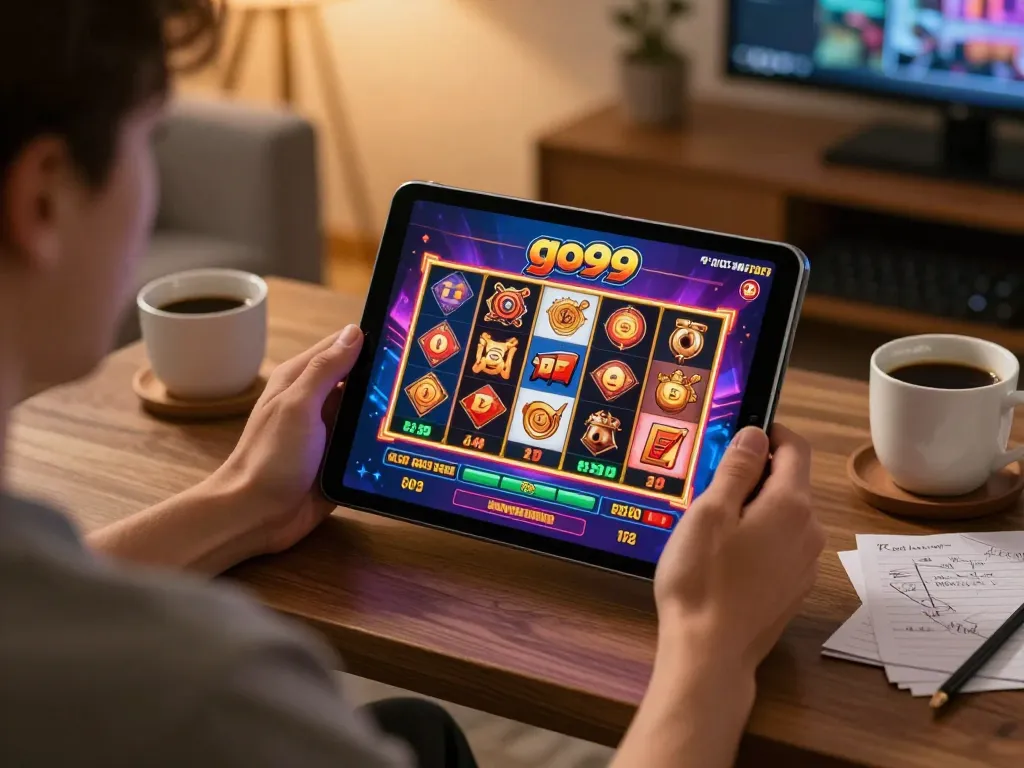 Engaging gameplay on go99 app showing online slot game on tablet with cozy home setup.
