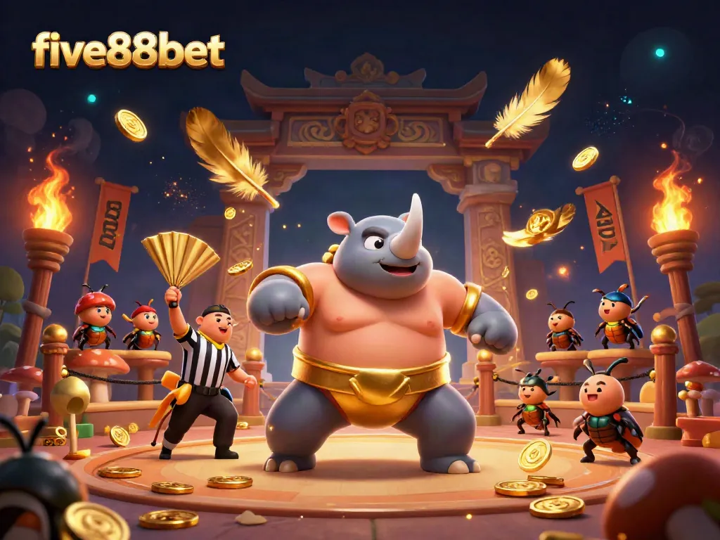 Experience the thrilling atmosphere of five88bet's online casino with dynamic 3D cartoon characters, golden coins, and vibrant casino elements.