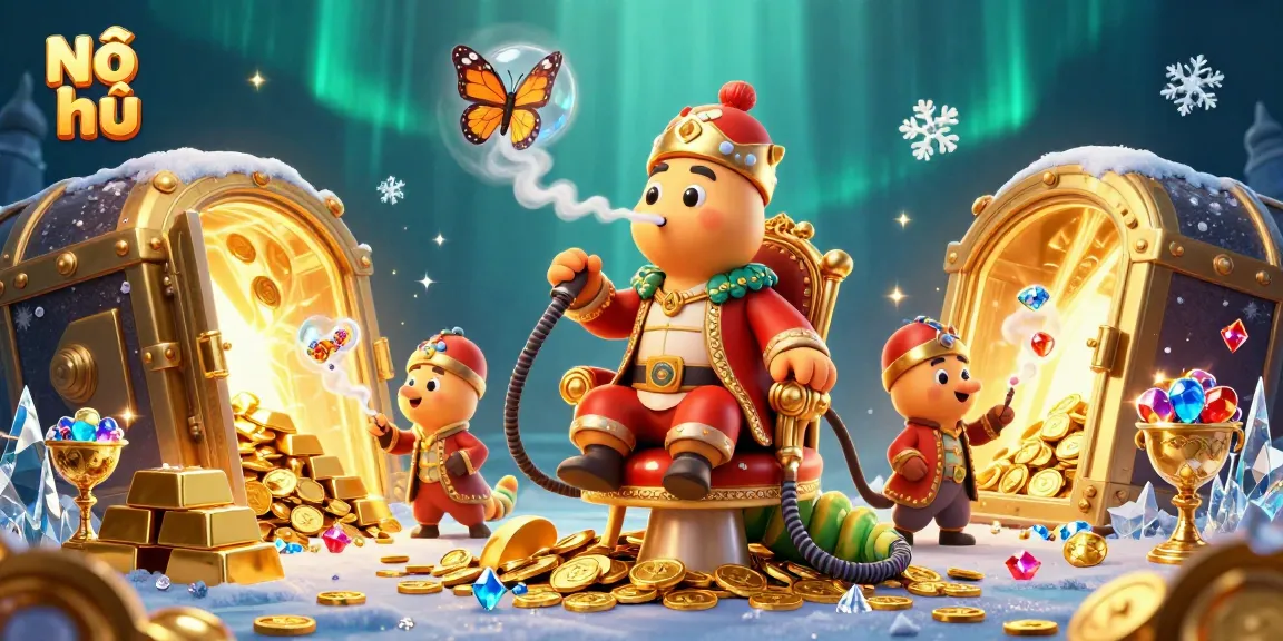 Nổ hũ slot symbols reveal winnings in a vibrant casino scene with a caterpillar hookah-master.