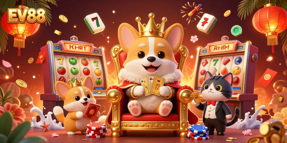Experience winning moments with EV88 at a vibrant 3D casino scene featuring a royal corgi and fortune symbols.