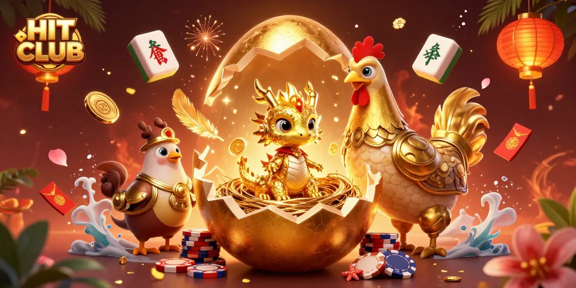 Play at HIT CLUB and witness a golden dragon emerging from a nest of poker chips in a vibrant casino setup.